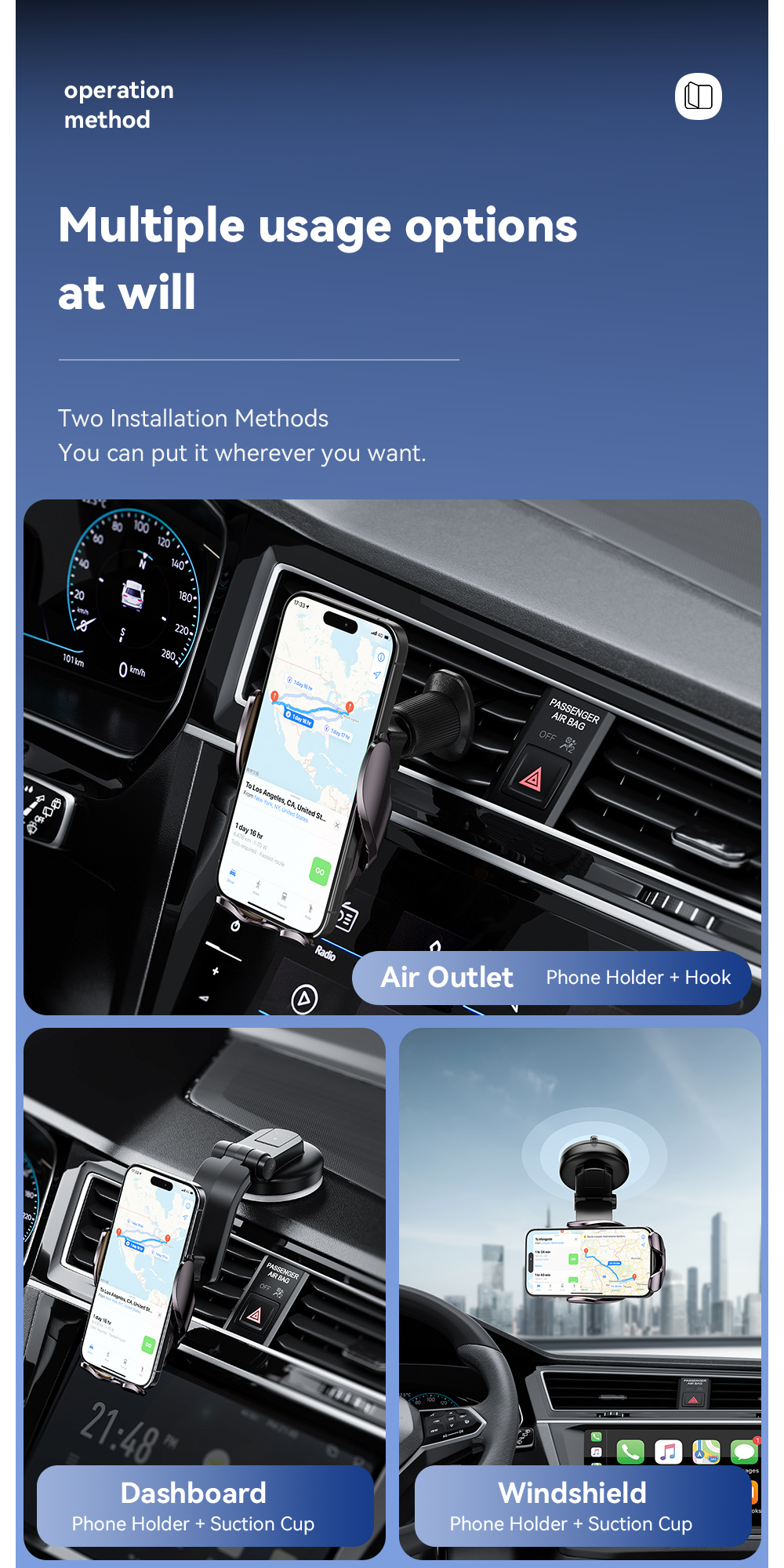 ESSAGER A5 Series Hook+Suction Cup Best Cell Phone Holder for Car Mount