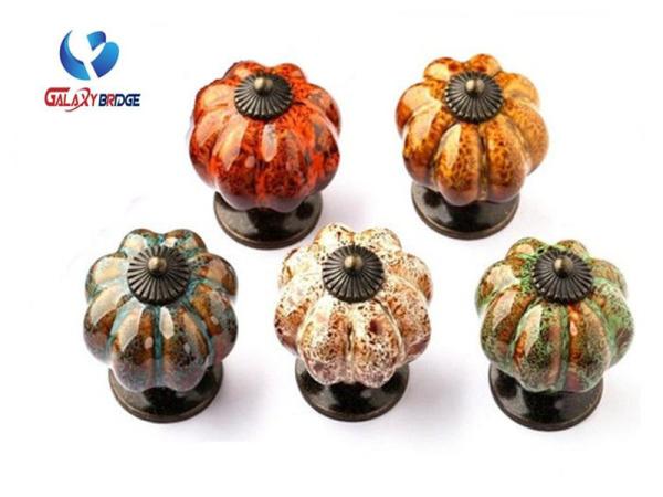 Colorful Pumpken Shape Ceramic Cupboard Door Knobs Porcelain Antique Bronze