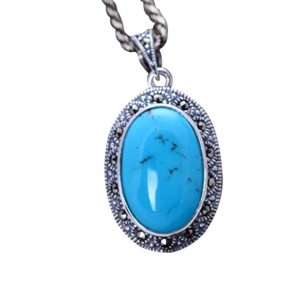 Women Vintage Necklace Sterling Silver Oval Turquoise Marcasite Charm Pendant