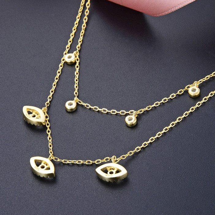 Double Layer Evil Eye Bezel Set Diamond Necklace Women Bezel Set Pendants