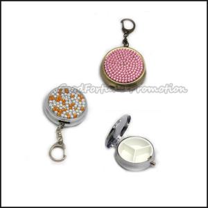 Quality customed printed logo metal diamond roound pill box case organizer keychain keyrings gift wholesale