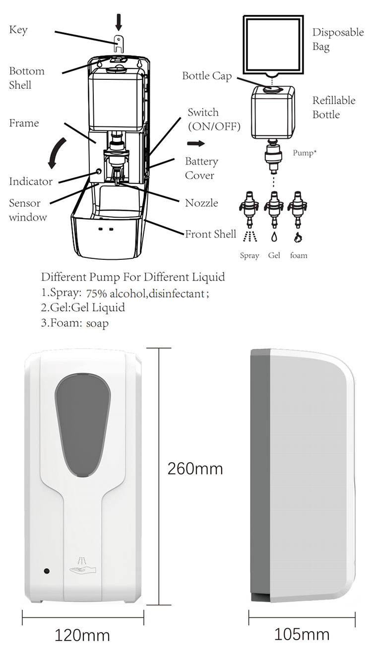 Detachable LDPE RK3288 1000ml Touchless Hand Sanitizer