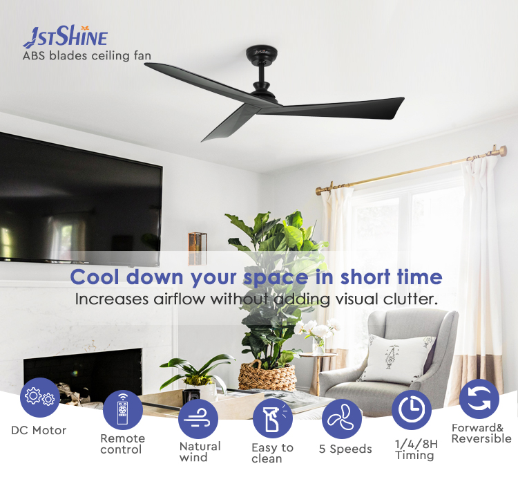 Energy Saving Smart Remote Ceiling Fan Black ABS Blades with 5 Speed and Time Setting