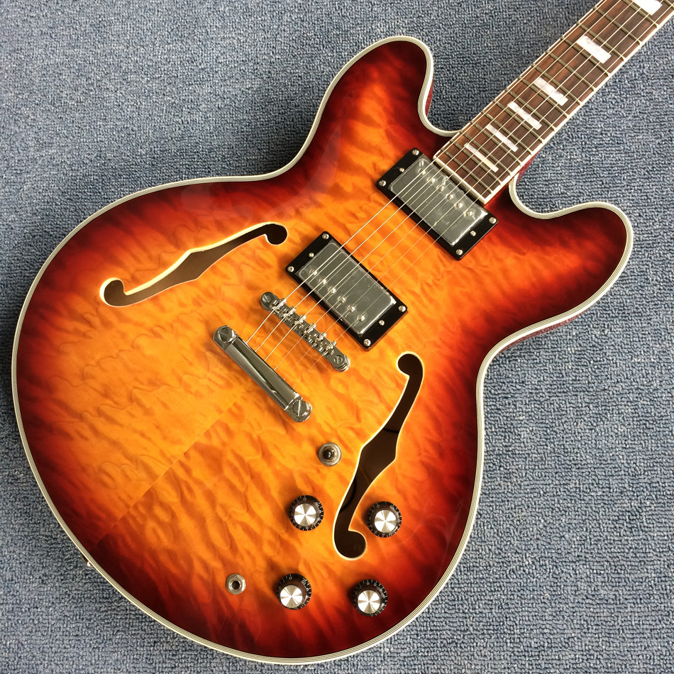 Double F holes jazz electric guitar,Rosewood Fingerboard,burst color Quilte Maple with Red back