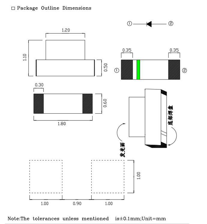 2.8V-3.4V Side View SMD LED 0603 0602 Green 525nm For Mobile Phone LCD Backlight