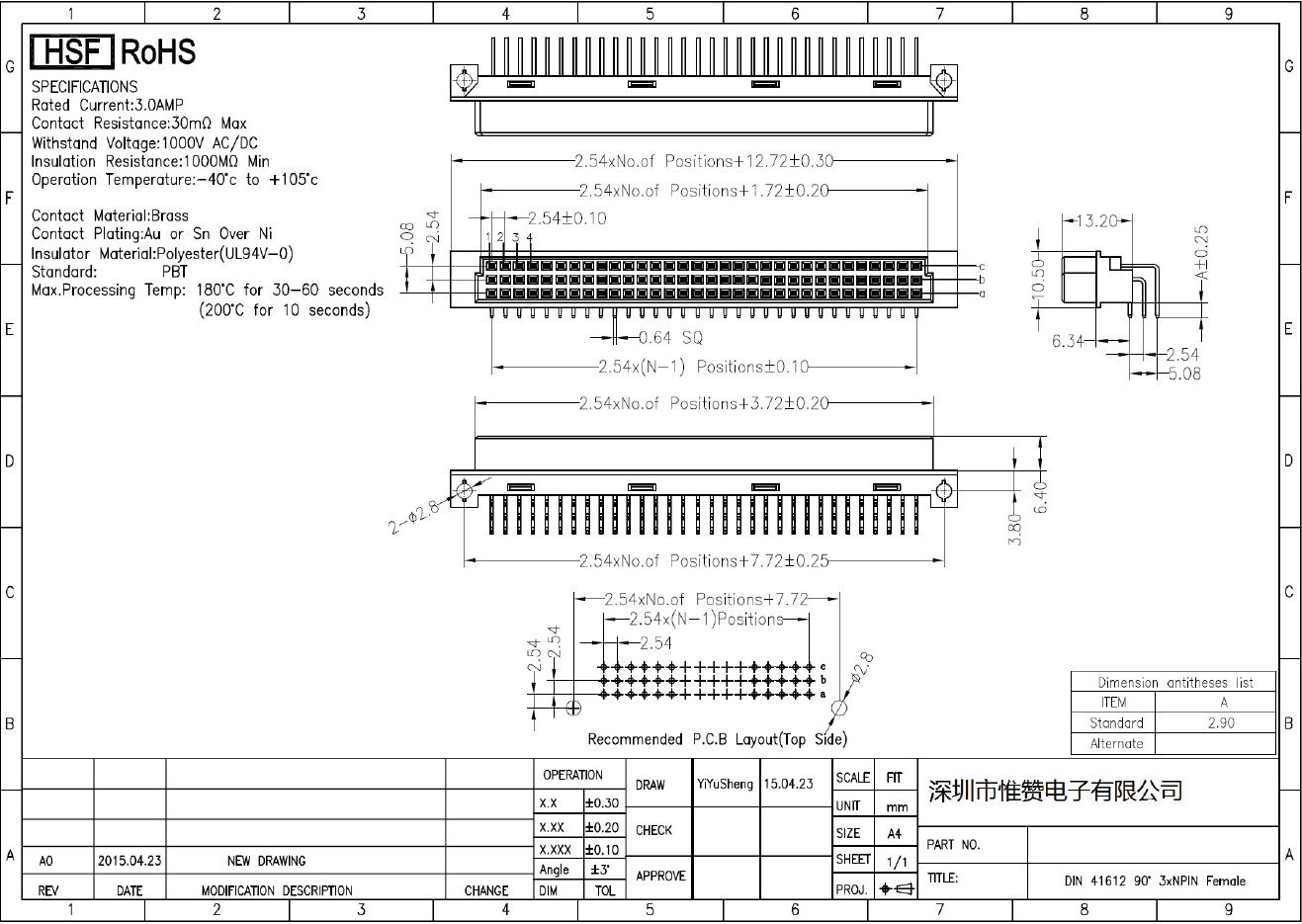 DIN 41612 Male Straight Pin Header 3x32 Pin Three Row Right Angle 3A Current
