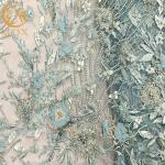 20% Polyester Blue 3D Flower Lace Fabric For Evening Gown