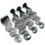 Ombre 1b/Grey Human Hair Bundles with Closure Body Wave 3 Hair Bundles with