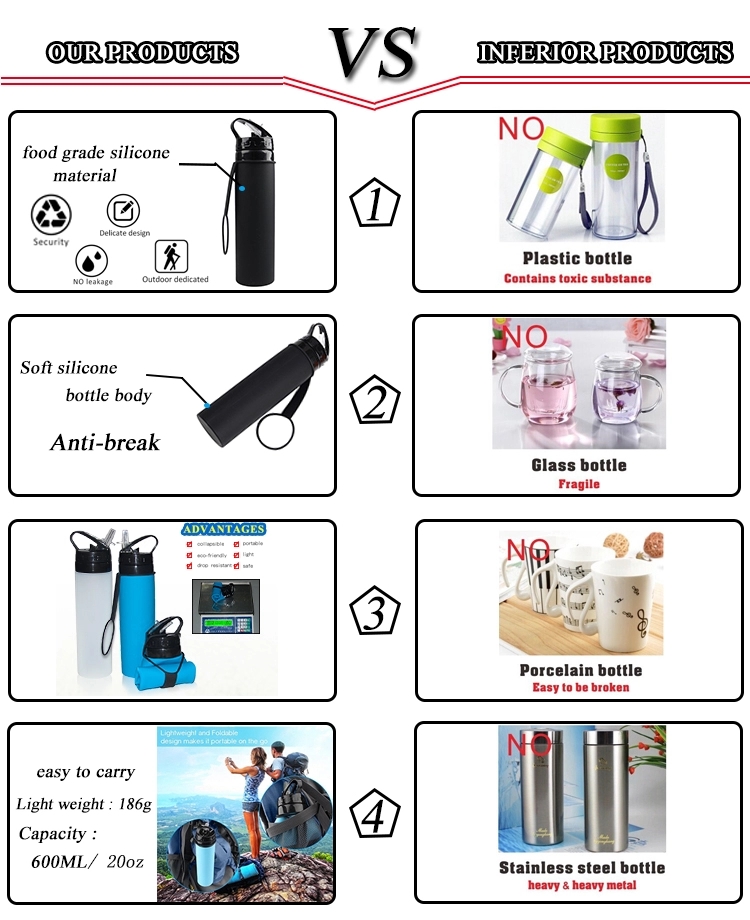 600ML Camping Collapsible Silicone Water Bottle Water Bottle For Outdoor