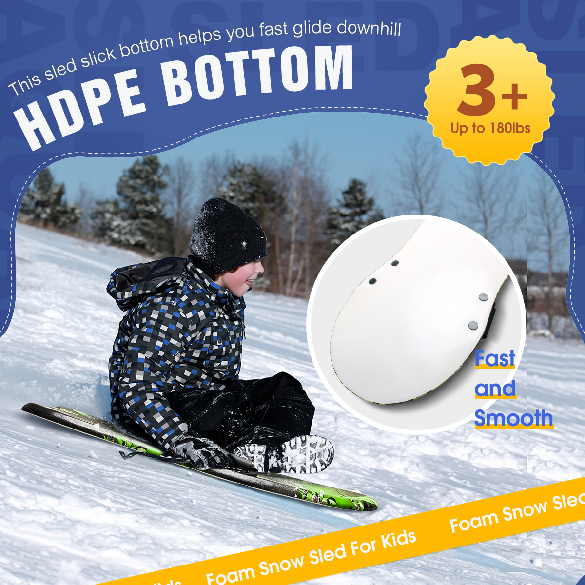 PE Core 36 inch Foam Snow Sled for Kids Lightweight and 1.18lbs Board Weight