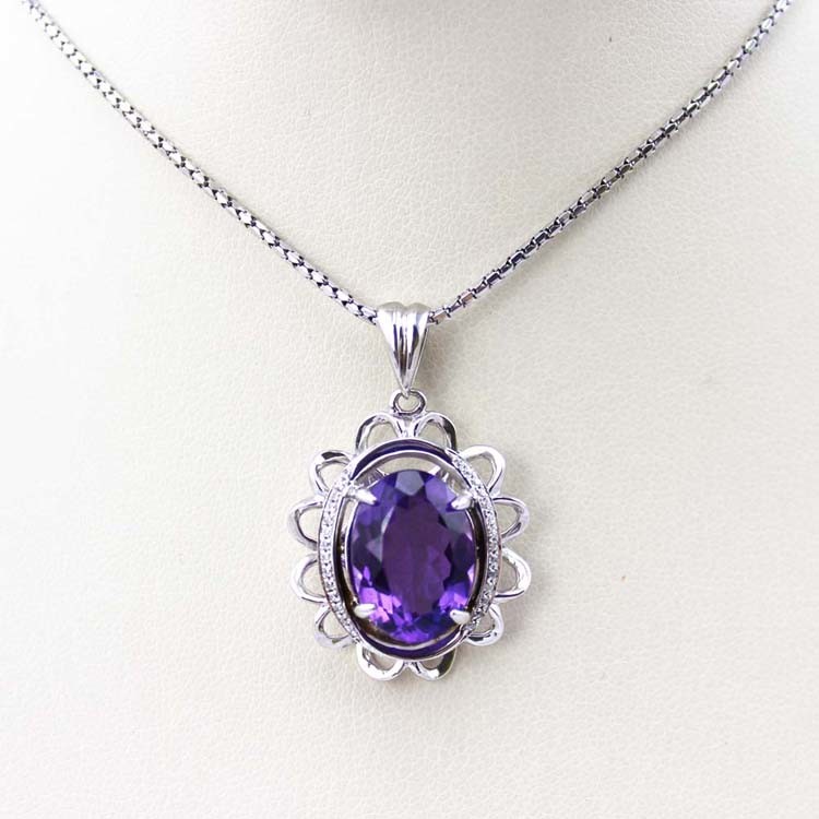 925 Sterling Silver 10mmx14mm Amethyst Cubic Zirconia Pendant and Silver Chain (PSJ0182)