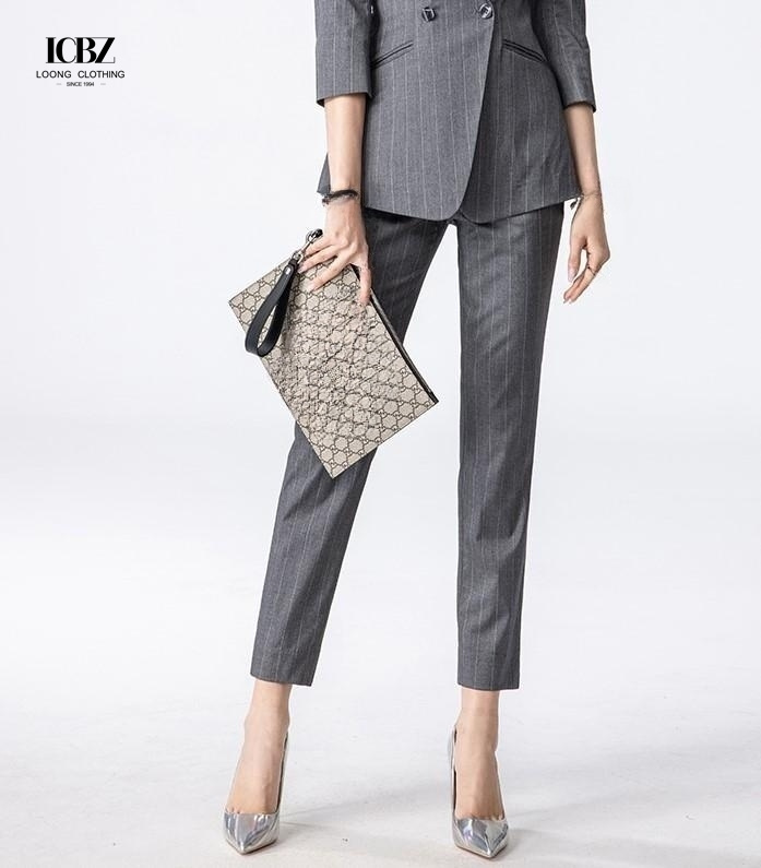 Solid Pattern Women's Office Wear Custom Dark Gray Striped Professional Work Suit