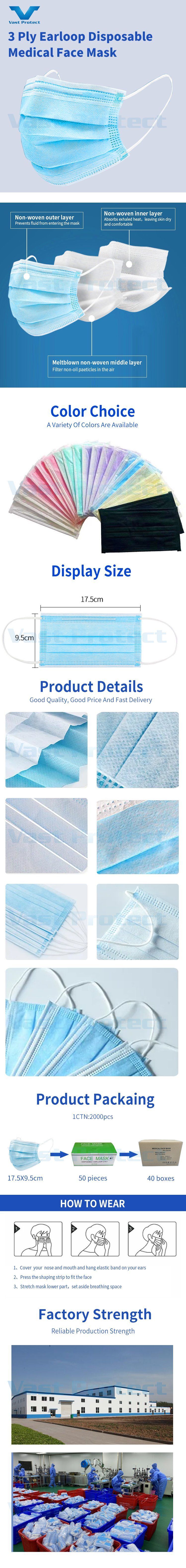 Breathable Comfortable 3 Ply Medical Disposable Face Mask with Elastic Earloop