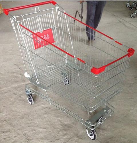 Galvanized Supermarket Shopping Cart 2 Tiers Grocery Store Baskets On Wheels