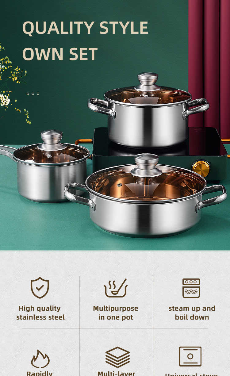 Factory Direct Kitchen Cooking Food Stainless Steel 3 PCS Cooking Pots And Pans Cookware Sets