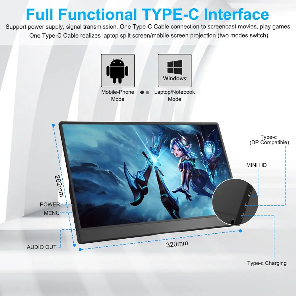 60Hz IPS LCD Portable Dual Laptop Monitor Extender Screen 14Inch