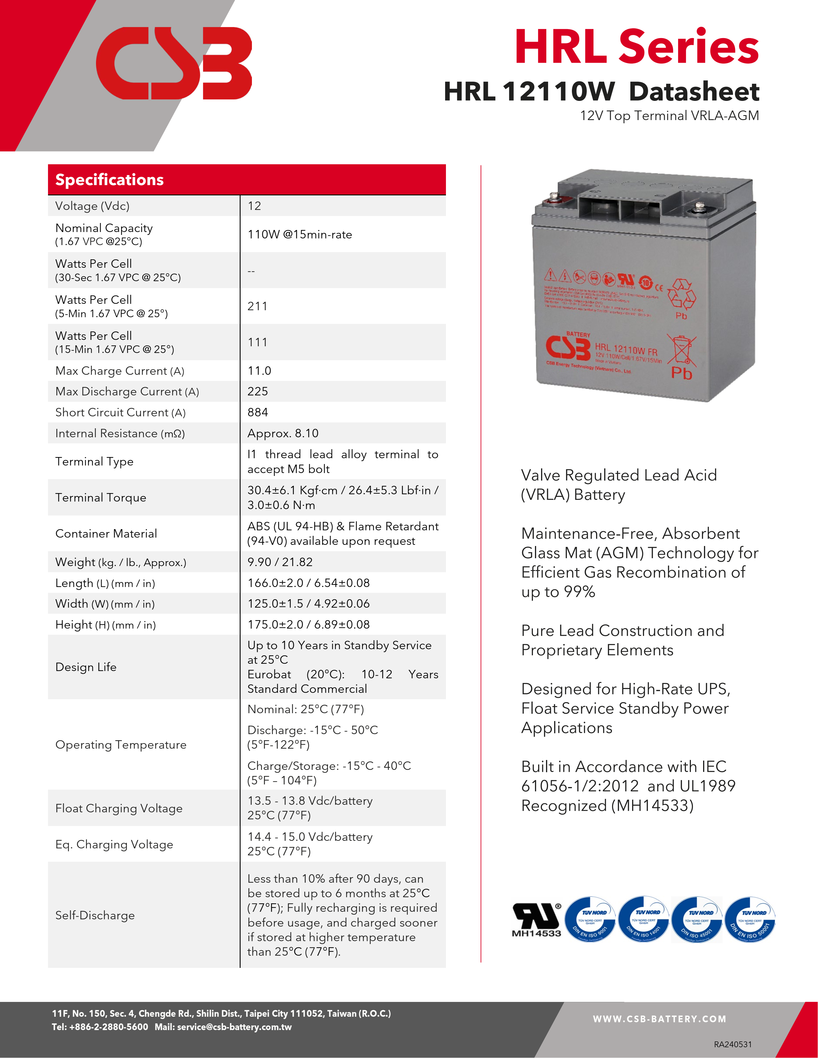 CSB HRL12110W 12V 110W High Rate Long Life Battery Rechargeable Lead-Acid Battery