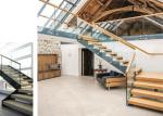 Straight modern wooden staircase with glass , Stainless Steel Railing