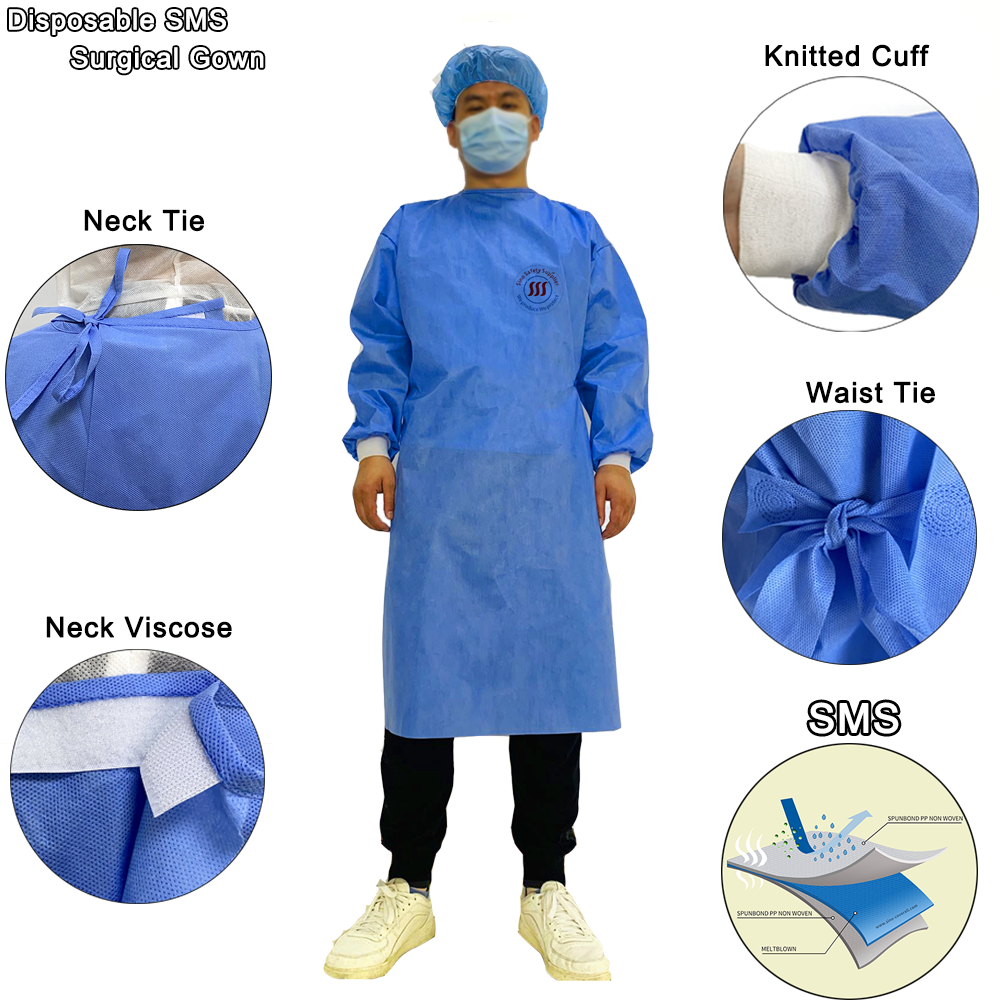 Blue SMS PP PE Disposable Gown Waterproof AAMI Level 1 2 3 4 Dental Isolation Gown