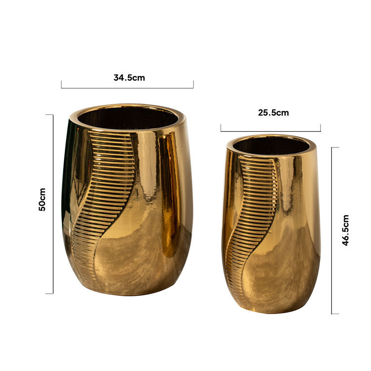 Hotel home floor vertical decor large big electroplate golden ceramic flower pots planter pots