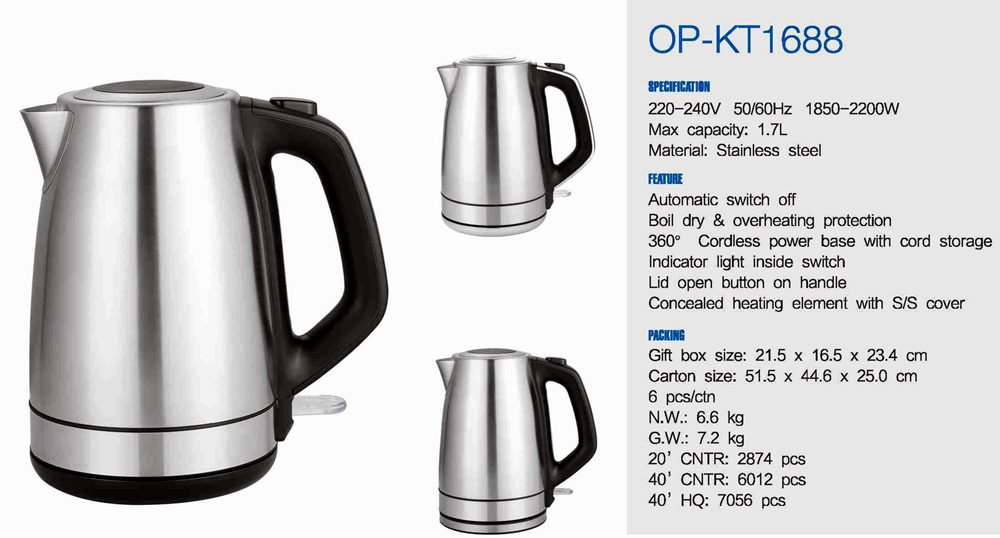 Electric Stainless Steel Kettle 1.6-2.0L Capacity 1500W Power 110V/220V-240V Voltage
