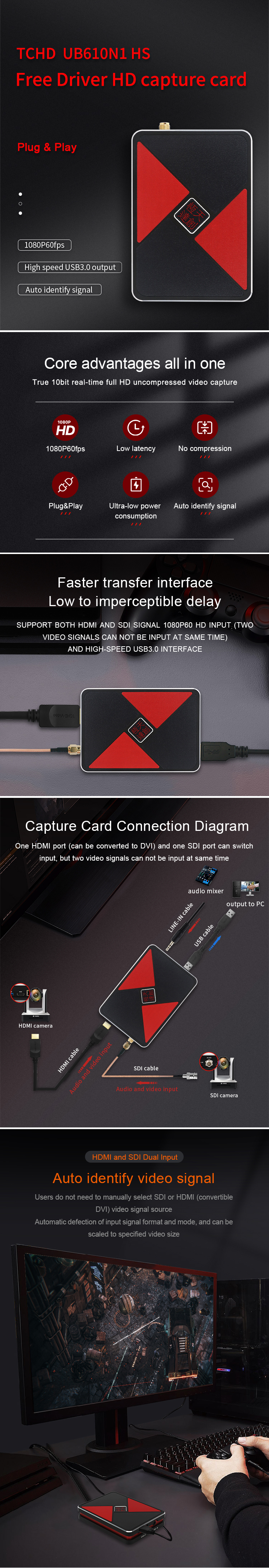 USB2.0/3.0 Output 1080P HDMI SDI To USB Video Capture Card Plug And Play