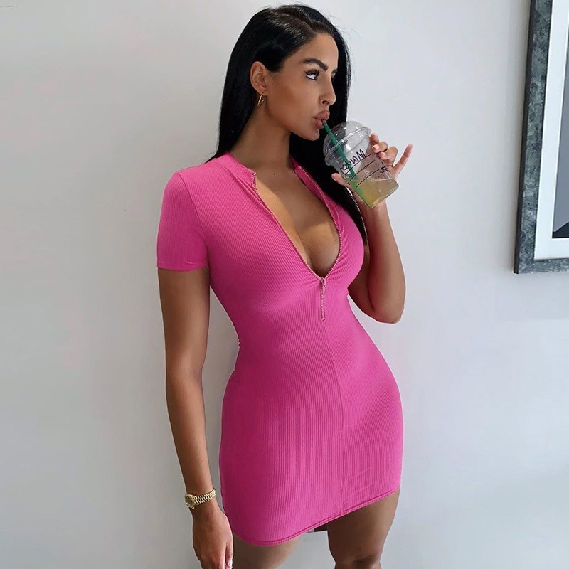 Spring Women New High-Necked Short-Sleeved Dress Bodycon Casual Zip up Custom Logo Comfortable Breathable Dress