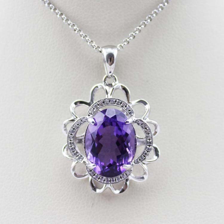 Silver Chain Necklace 10mm x14mm Oval Amethyst Cubic Zircon Pendant (PSJ0173 )