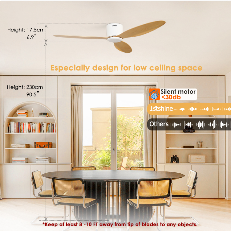 Remote Control 52" Air Cooling Fan for Low Profile Flush Mounted Ceiling in Smart Home