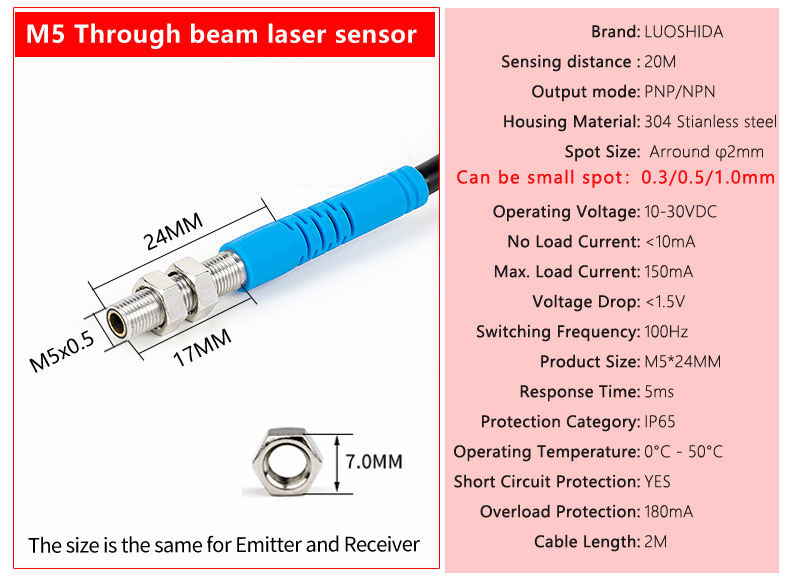 LUOSHIDA DC 3 Wire All Series Through Beam Laser Sensor 20m / 30m Sensing Distance
