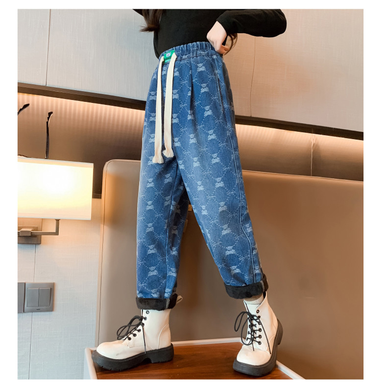 Girls jeans Children's clothing autumn and winter thick warm blue casual pants for everything from 4 to 16 years old