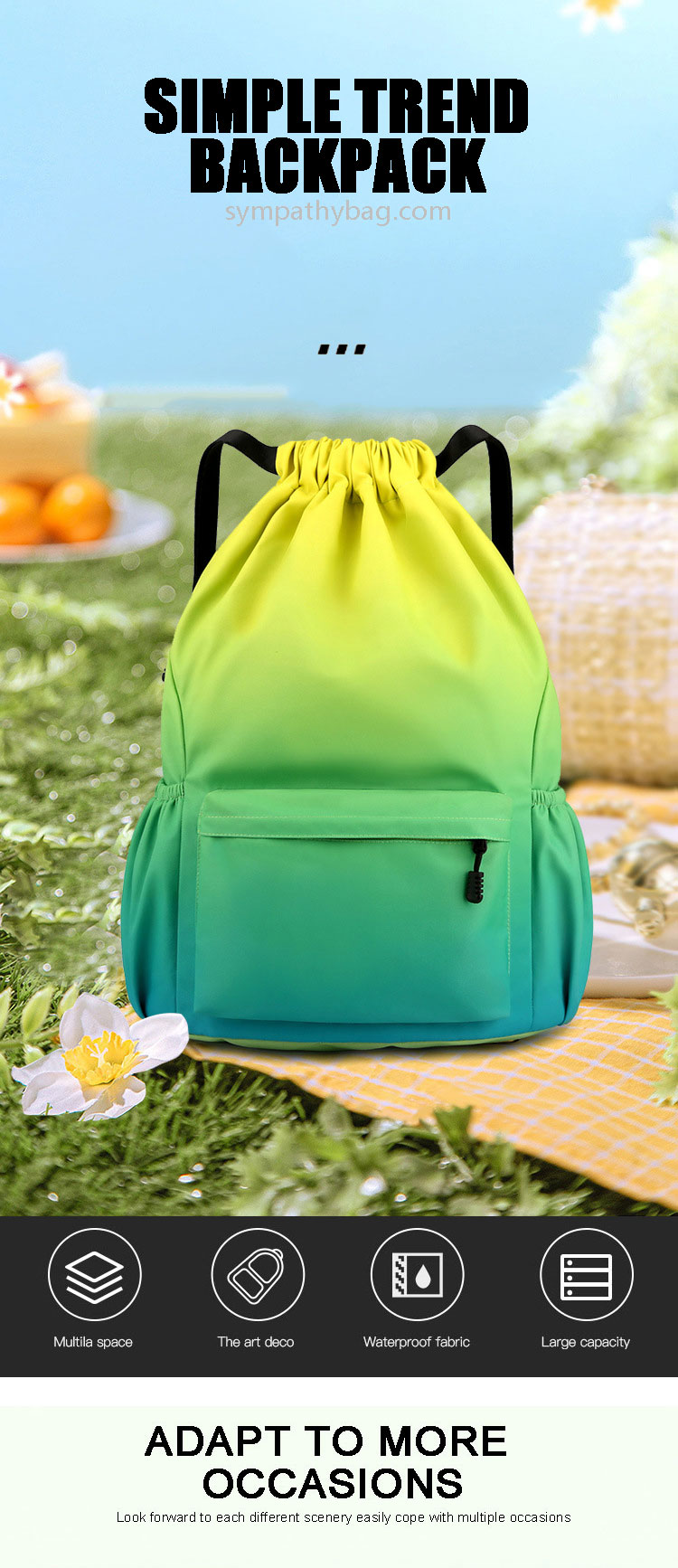 Multifunction Large Strong Drawstring Design Backpack For Travel Sport Yoga Swimming
