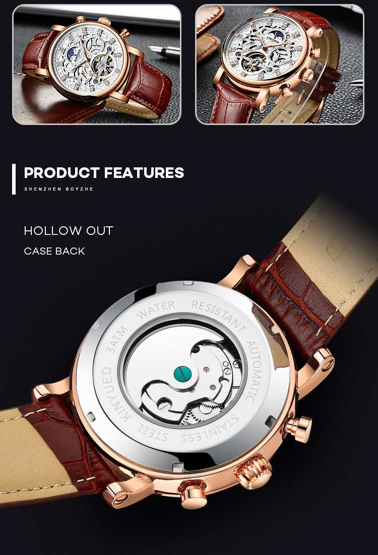 Luxury brand automatic mechanical movement genuine leather men charm wrist waterproof watch