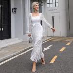 Embroidered Long Sleeve Lace Maxi Dress Plain Pattern For Wedding