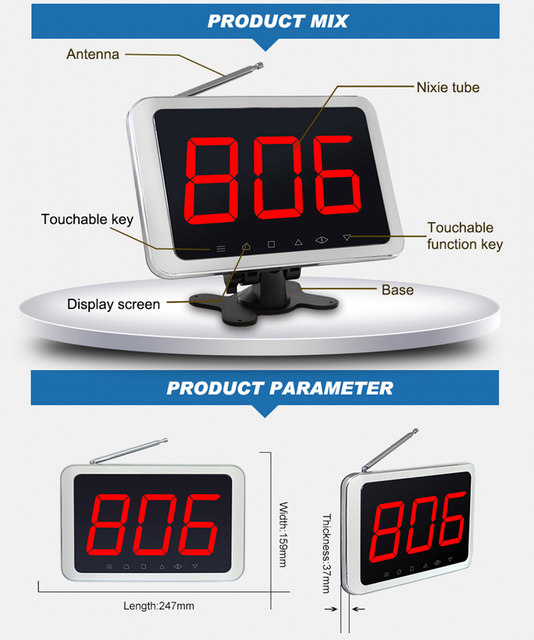 Wireless wall fixed or desktop 433.92Mhz one group 3 digits call number monitor screen with silver aluminum frame