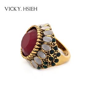 Quality VICKY.HSIEH Antique Gold Opal Rhinestone Pave Rings with Large Red Stone wholesale