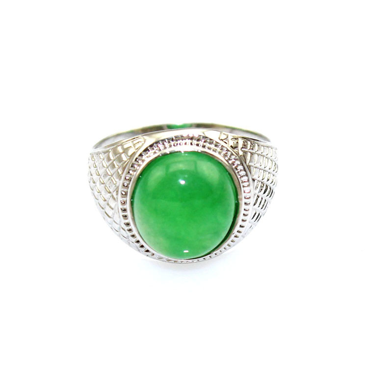 White Gold Plated Sterling Silver Green Jade Ring (JR040)