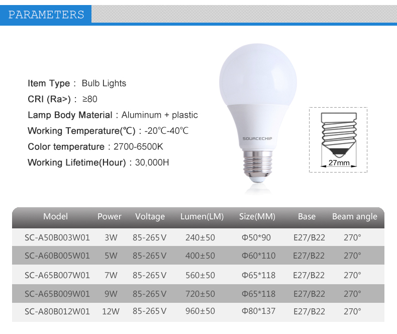7W led lamp bulb E27 B22 China led light bulbs