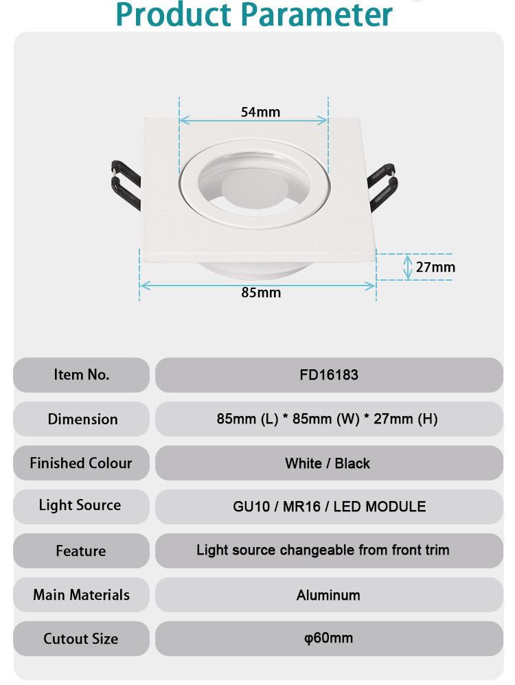 Recessed Spotlight Frame Round Aluminum 60mm Cut-out MR16 GU10 IP44 Rated
