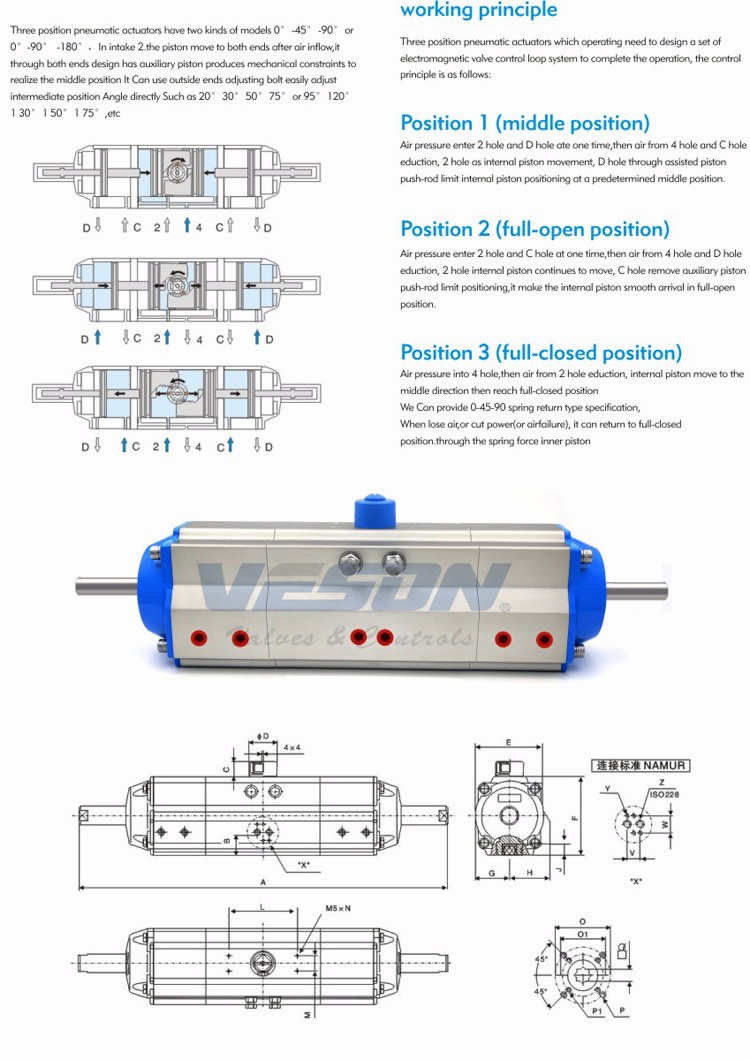 3 Position Pneumatic Actuator Installed 3 Way Ball Valve Long Service Life