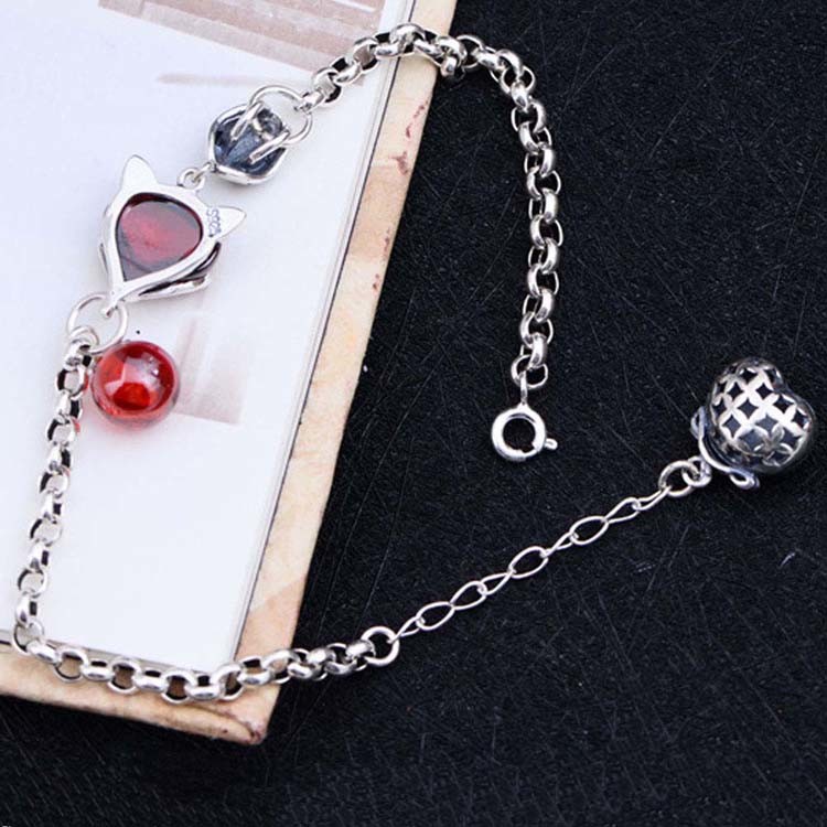 925 Sterling Silver Synthetic Garnet Fox Charm Link Bracelets(B20180411084)