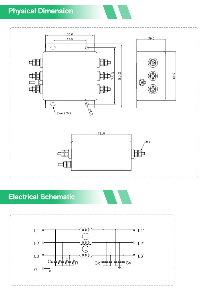 YX81G1 Three Phase Filter 115V 250V 30A M4 Screw Terminal EMI RFI Filter For Motor Drives