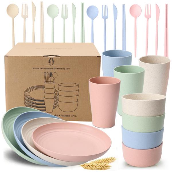 Cheap 28pcs Household Kitchen Flatware Sets ODM Wheat Straw Tableware Set for sale