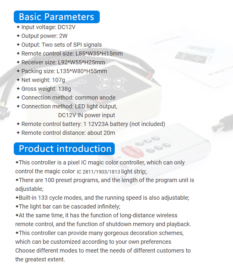 DC 12V Pixel Magic Color LED Controller With 133 Mode Control