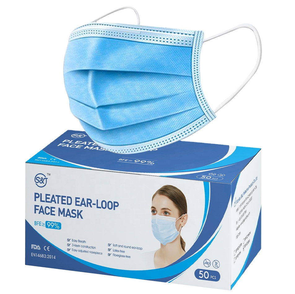 S&J Premium Non-woven Disposable 3 ply Face Mask Medical Fluid Resistant 3-layer Disposable Medical Mask