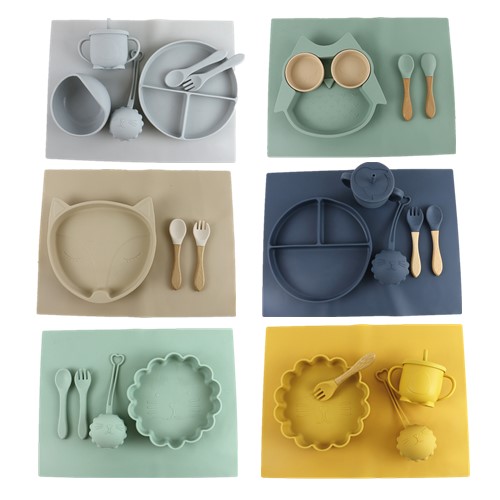 Custom box package for kids toddler Silicone Tableware Set With Cup Plate Bowl Spoon Fork Bib