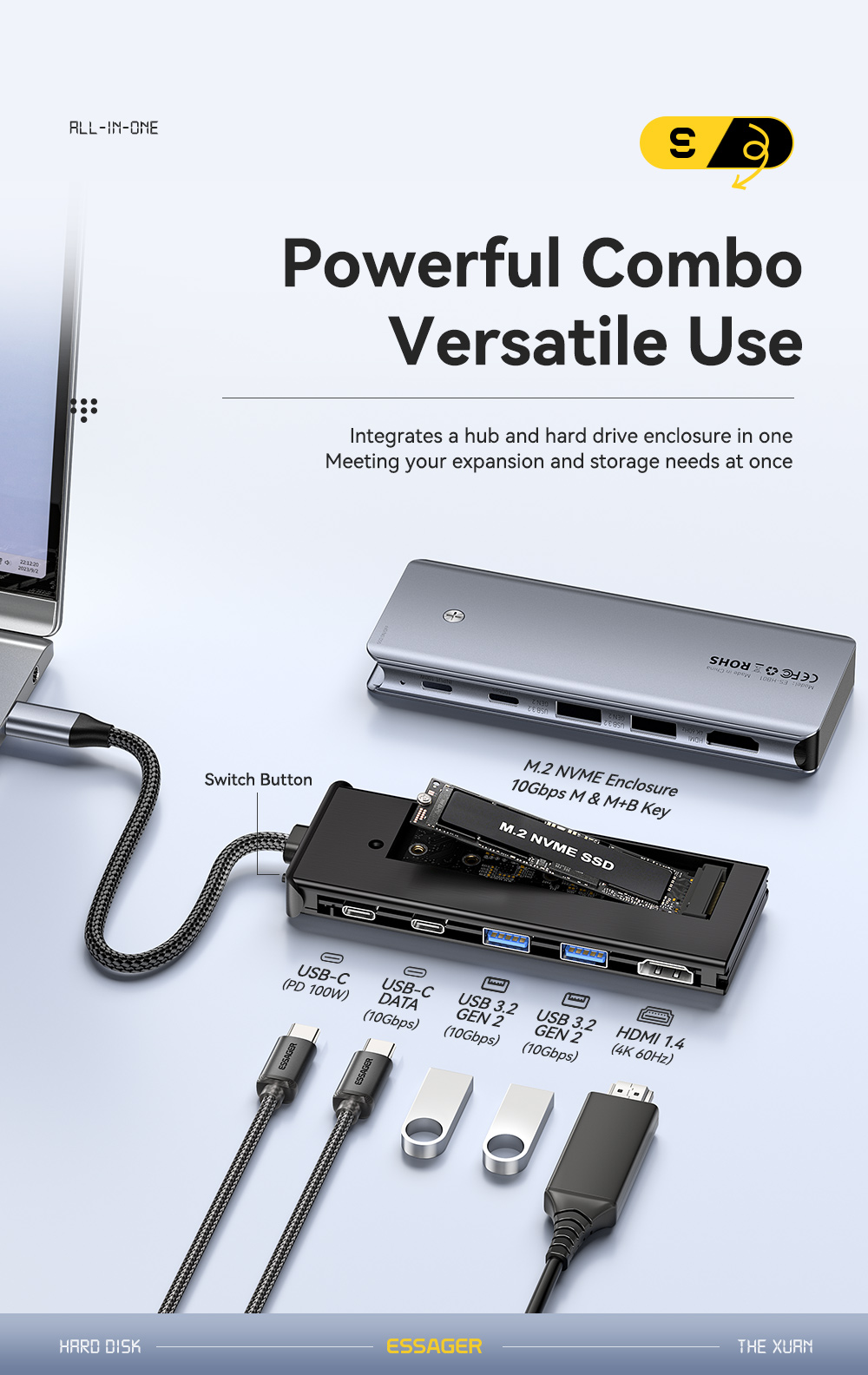 18cm Cable SSD USB Hub For Laptop USB C Docking Station