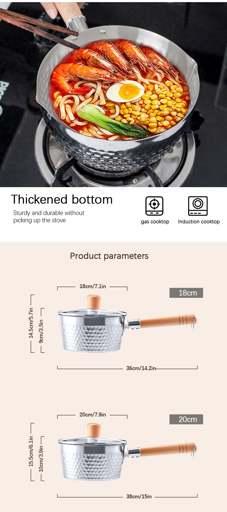 Modern Design Kitchen Sauce Pans 18/8 Stainless Steel With Wooden Handle