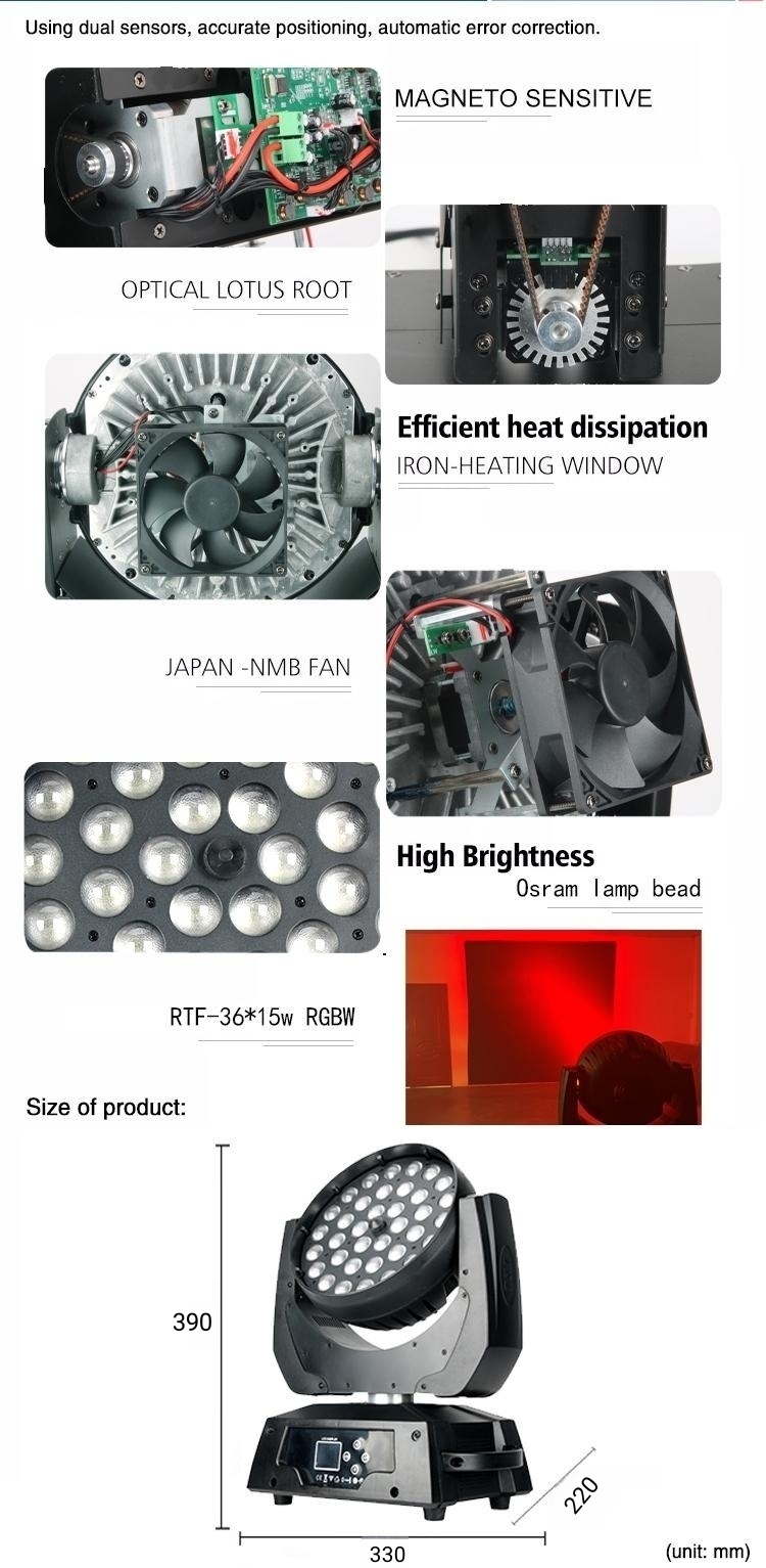 80 Ra Color Rendering Index Stage Lighting 36x10W RGBW 4-in-1 Zoom Wash Moving Head Light