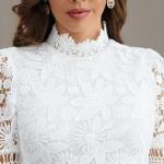 High Neck Ladies Lace Dresses Balloon Long Sleeve Lace Up Dress With Elastic